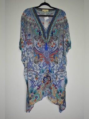 NWT True Colours Embellished Kaftan Blue Mosaic Print Designer Resort Coverup
